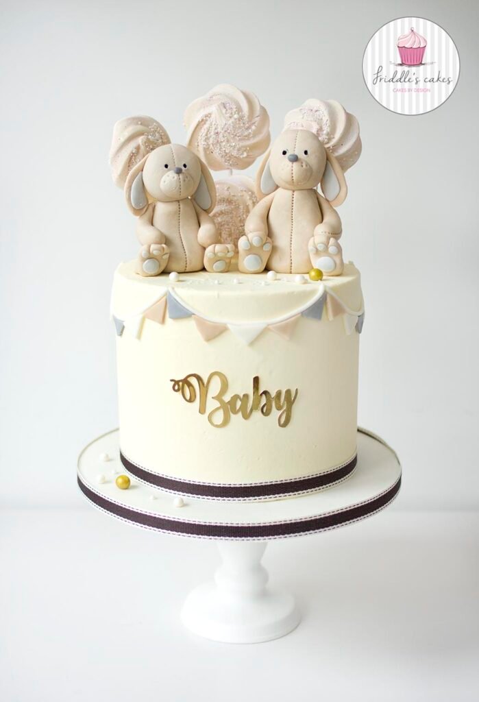 rabbit cream baby shower cake - Friddle's Cakes